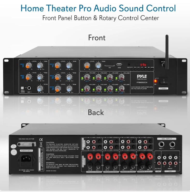 8-Channel Bluetooth Amplifier 4000W Multi-Zone Mixer with USB/AUX